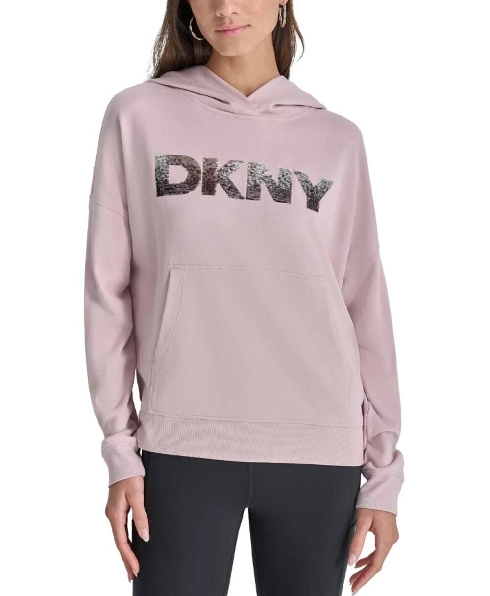 DKNY Women's Sequin Hoodie Small Pink Allure Pullover Sweatshirt NWT